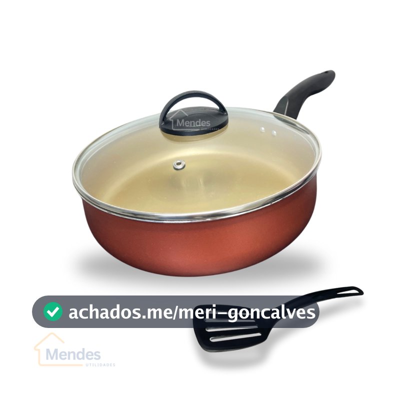 Frigideira Alta 24 cm 5 Camadas Antiaderente Teflon com Tampa de Vidro e Espátula Cor Cereja Gold