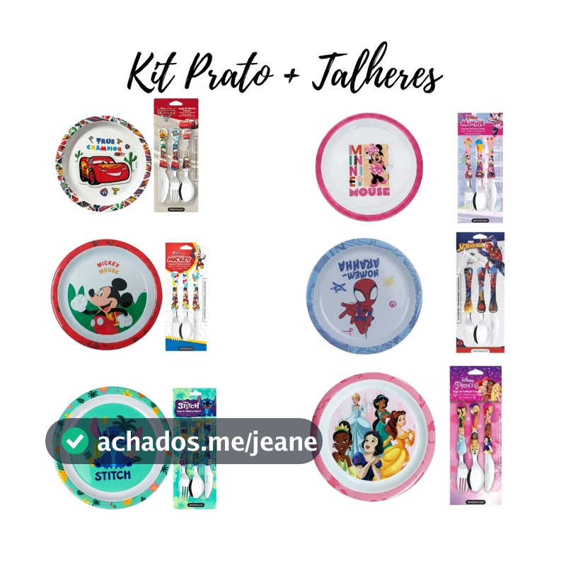 Kit Prato + Talheres Infantil Personagens  Disney BPA Free Disney Homem Aranha Princesas Carros