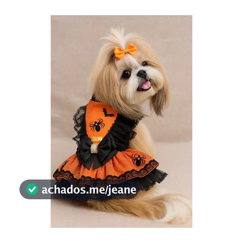 Vestido Halloween Bruxinha Pet Fantasia Laranja e Preto Roupa para Cachorro e Gato Pequeno Porte