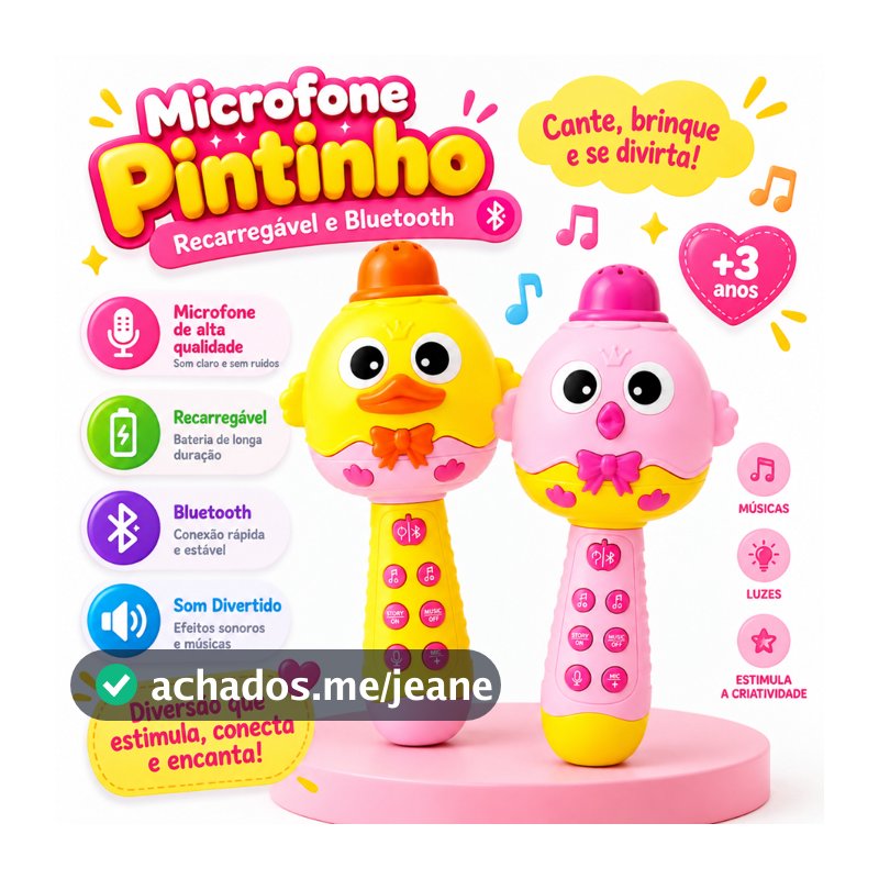 Microfone Karaokê Patinho Infantil Brinquedo com Luz e Musica Bluetooth Recarregável Sem fio