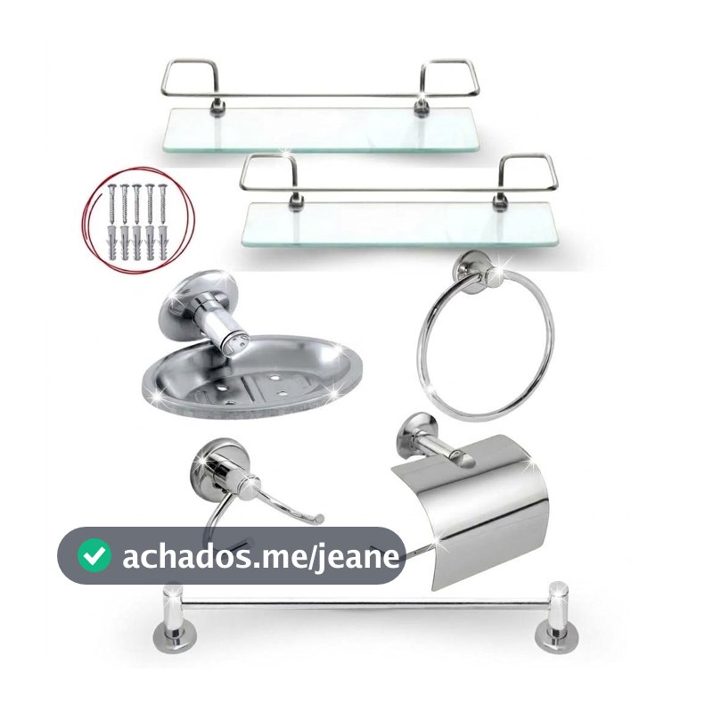 Kit Acessórios Banheiro 7 Peças Inox + 2 Porta Shampoo Reto Vidro Incolor Temperado Completo Organizador Box
