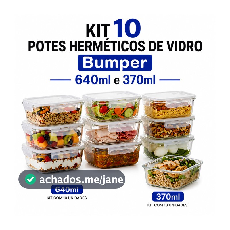 Kit 10 Pote de Vidro com Tampa Hermético Bumper 640ml e 370ml