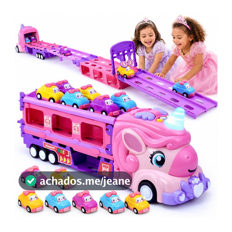 Caminhão Cegonha Unicórnio Com 6 Carrinhos Grande Com Pista Lançador Dobrável Luz E Som Rosa Kizumba