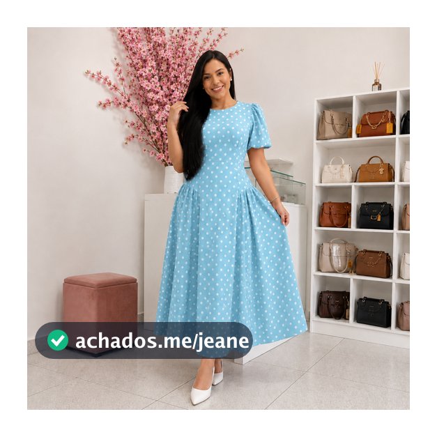 Vestido Midi Poá Moda Evangélica Princesa Alfaiataria Poa Rodado Elegante Acinturado Manga Princesa ES-VES - 117
