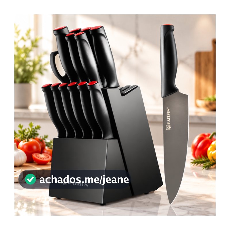 Jogo De Facas Cozinha 15pçs Profissional Com Base E Amolador Lâminas de Aço Inoxidável Alto Carbono