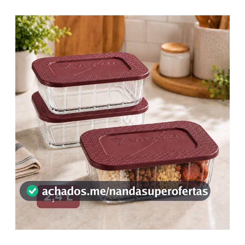 Kit 3 Potes De Vidro Com Tampa 2,4 Litros Tigela De Vidro Saladeira Marmita Grande Alimentos