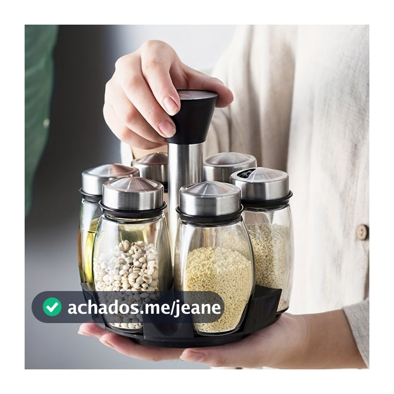 Porta Tempero Giratório Especiarias Inox Com 7 Peças Para Cozinha Pote de Vidro Para Temperos