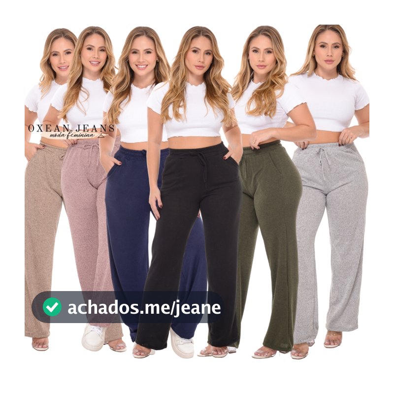 Calça Pantalona Feminina Cintura Alta Com Bolso Tecido Lanzinha