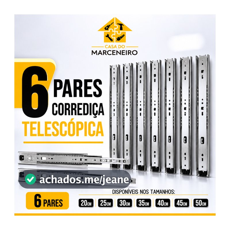 6 Pares Corrediça Telescópica Reforçada 45kg + Brinde Parafusos - 20CM 25CM 30CM 35CM 40CM 45CM 50CM