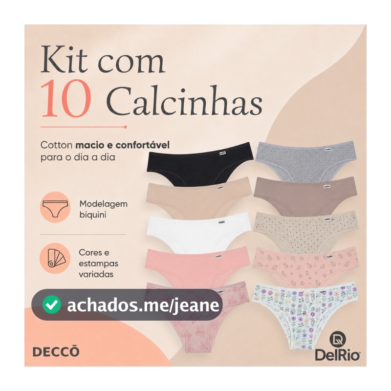 Kit 10 Calcinhas DelRio Biquíni Cotton Algodão Cintura Média Confortável Feminina