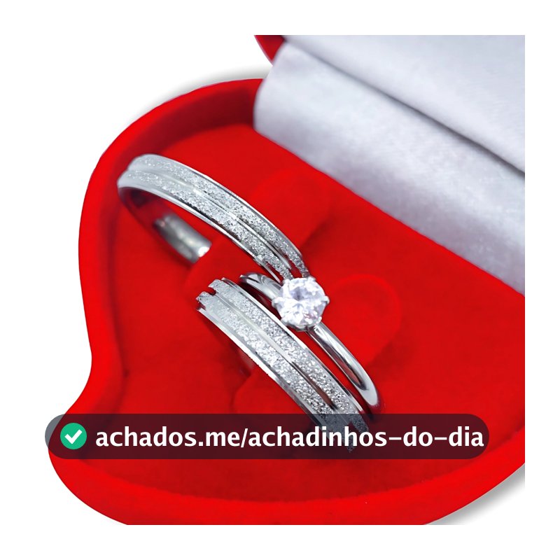 Aliança de Namoro Par Compromisso com Solitário e Caixa de Veludo Noivado Diamantada Aço Inox Prata