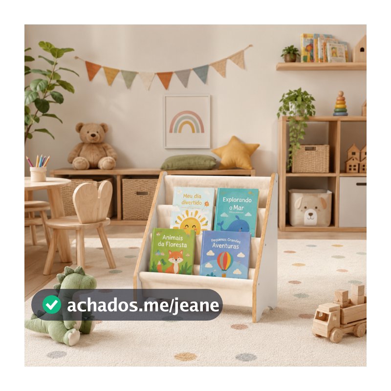 Porta Livro Infantil Montessori MDF com Bolsos em Tecido Organizador de Livros para Quarto Bebê