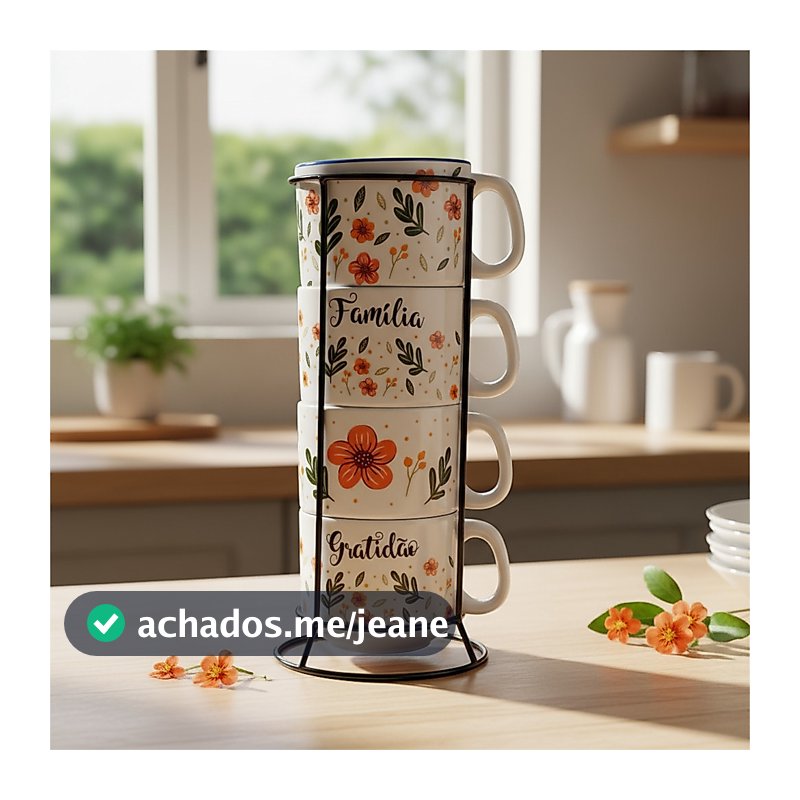 Jogo De Xícaras Empilhavel Café Chá Porcelana Com Suporte Ferro Aço Preto Kit 4 Floral Decoração