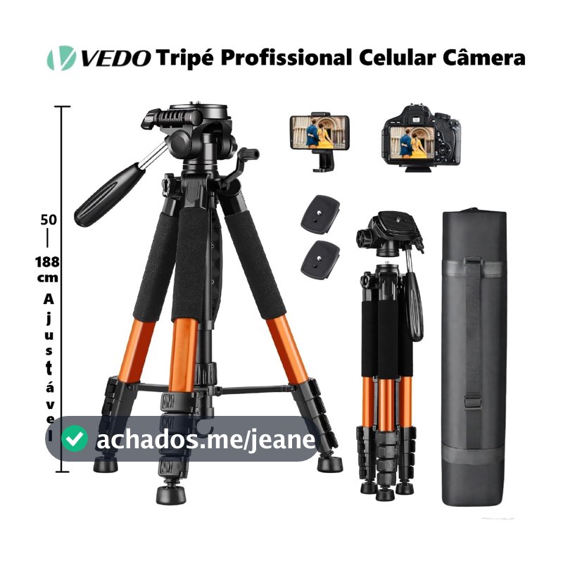 VEDO Tripé Profissional Multifuncional Celular Câmera 1,88 Mts para Action Cam Luz e Telescópio