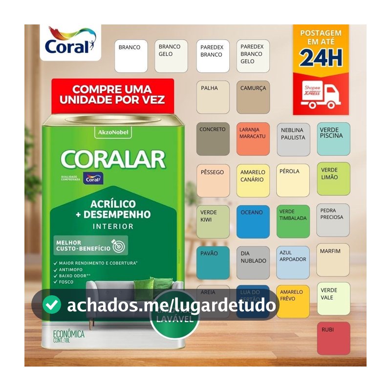 Tinta Econômica Fosca Coralar Paredes Coral 18 Litros Anti Mofo Acrílica Interno Interior Cores