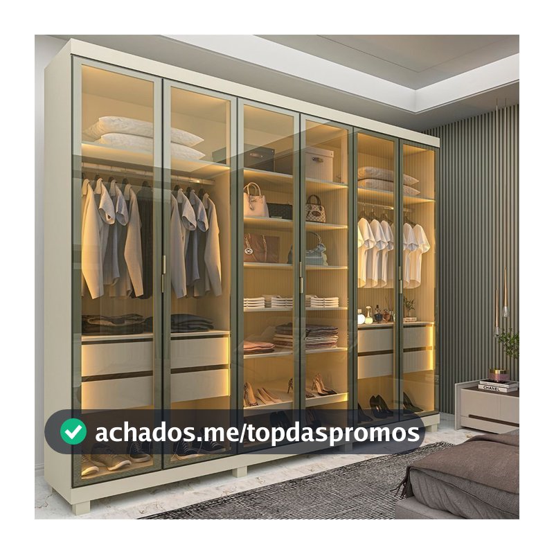 Guarda-Roupa Casal 6 Portas, com 6 Portas Reflecta com Pés com LED Imperatriz 100% MDF Yescasa Off White Off White