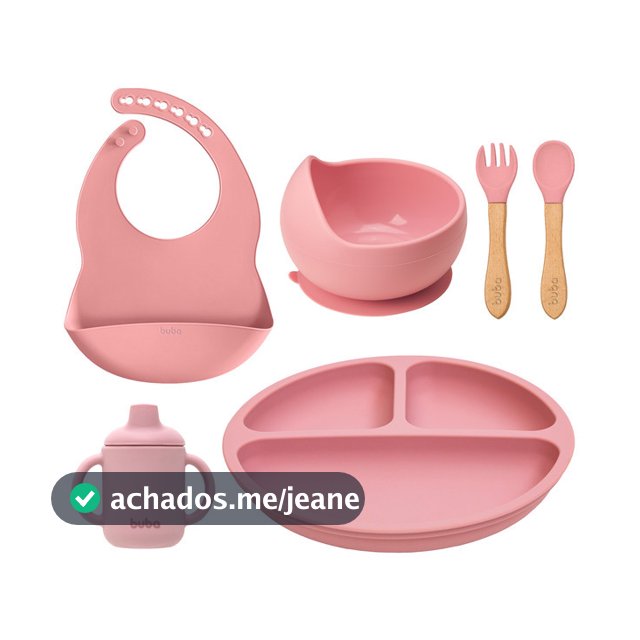 Kit Refeição Bebê com Babador + Copo + Prato + Bowl + Talheres Buba