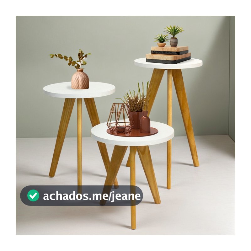 Kit Jogo de Mesinha Lateral Redonda, Sala, Pé Palito Retro, Mesa de Cabeceira, Centro e Canto