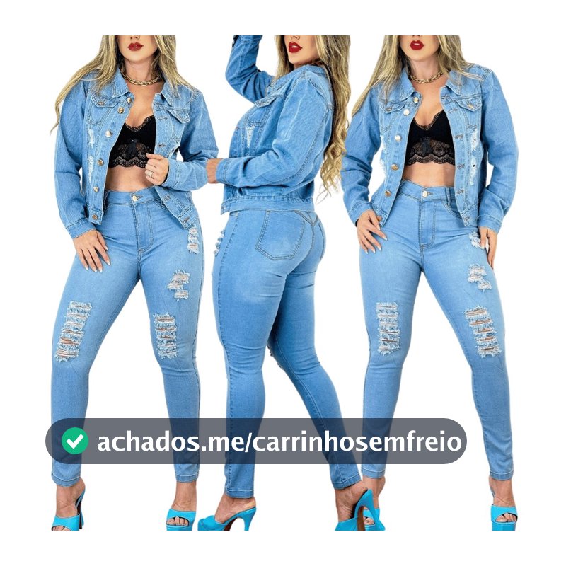 Conjunto Jeans Feminino Jaqueta de Algodão Calça Com Lycra Longa Elástico Menina Moda Inverno