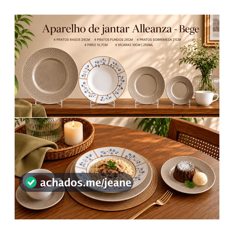Aparelho de Jantar e Cha 20 Peças de Ceramica Alleanza Jogo Pratos e Xicaras Resistentes