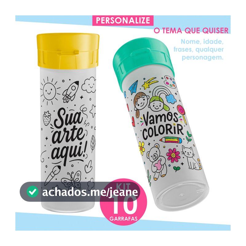 Garrafa de água p/colorir pintar personalizada infantil lembrancinha copos aniversário squeeze 10Un