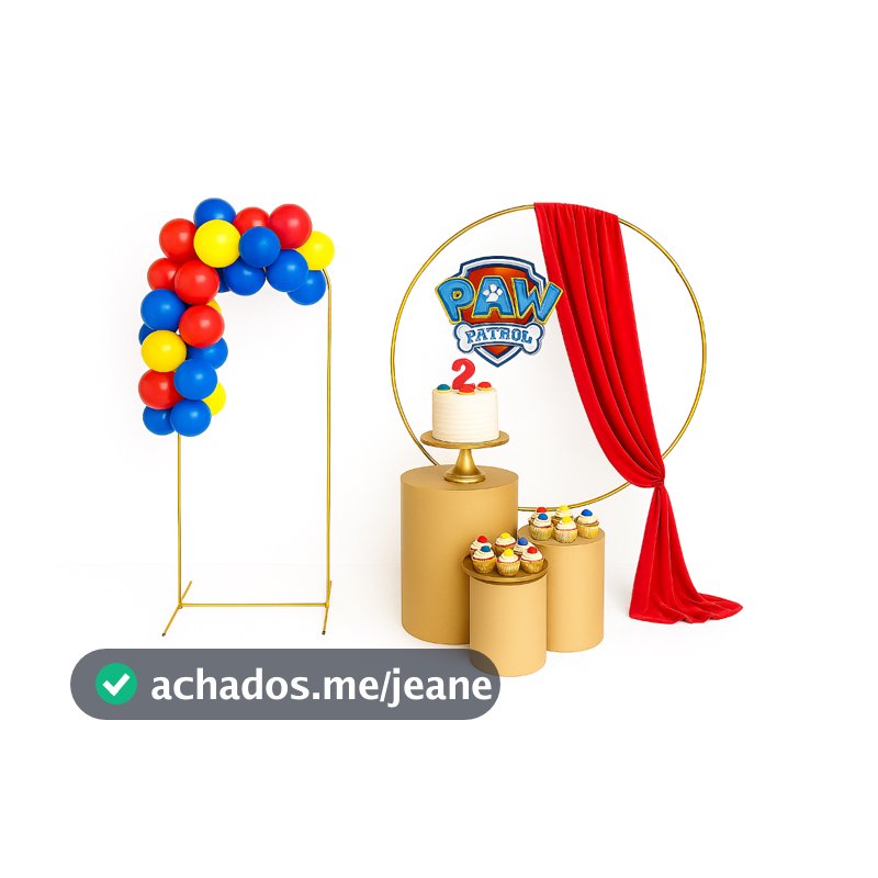 Kit 2 Arcos de Ferro + Trio de Mesas Cilindros MDF P M G para Festa e Decoração Desmontável