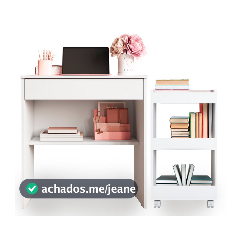 Kit Escritório: Mesa com Gaveta + Carrinho Auxiliar - Fácil Montagem