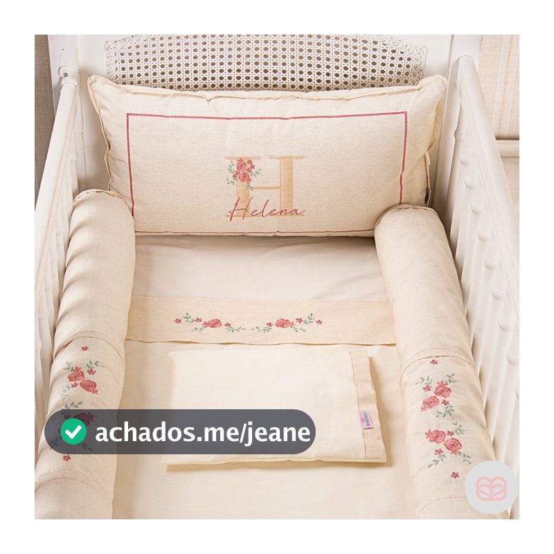 Kit Berço Americano Menina Rosê Personalizado Com Nome Linho Premium Protetor Rolinho 9pçs