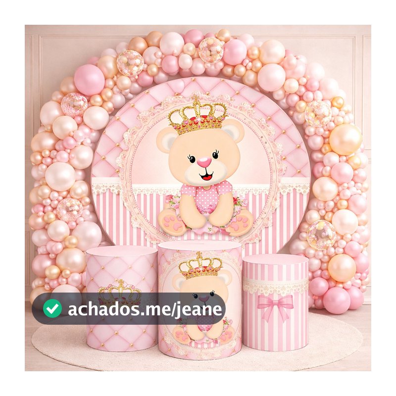 Kit Capa Painel Grande Redondo + Trio Cilindro Decoração Festa Chá de Bebê Ursinho Fofo