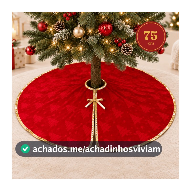Saia para Árvore de Natal Redonda 75cm Feltro Vermelha e Dourado Base Decorativa com Laço