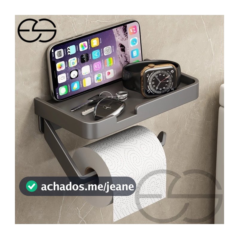 Metal Suporte  Porta Papel Higienico Preto e Suporte para Celular  Com Adesivo  Fixo na Parede Sem Furos ES