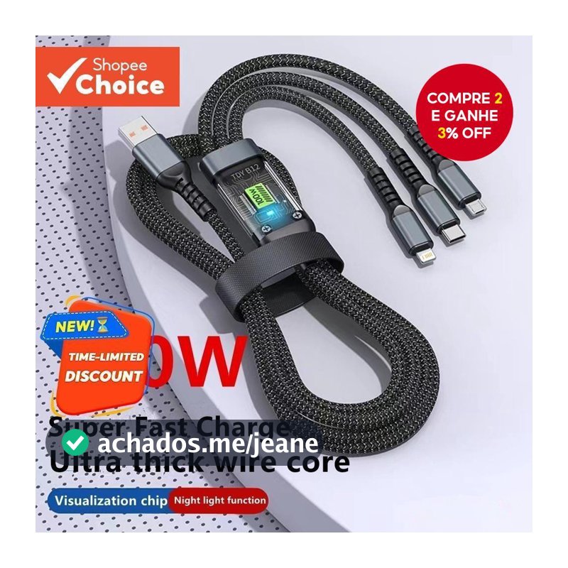 Cabo De Dados De Carregamento Rápido Transparente De 100 W Para Dispositivos Apple Android Tipo C Display Digital