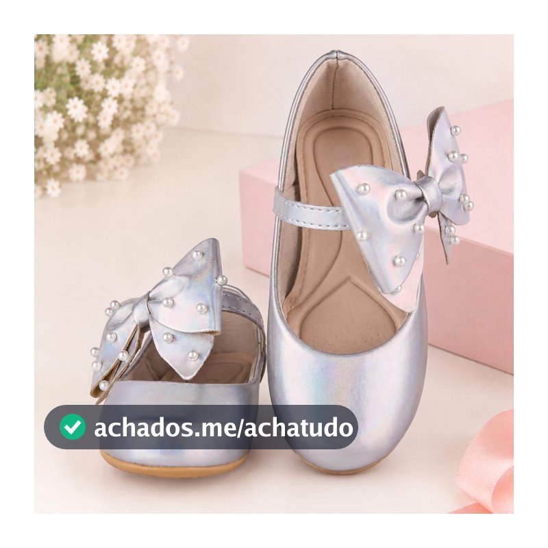Sapatilha Infantil Confortável Holográfica com Laço e Detalhe em Pérolas 2906
