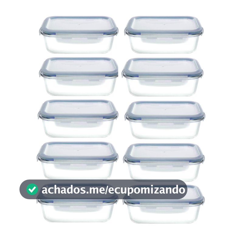 Kit 10 Potes Herméticos Vidro Retangular 1040ml Marmita com Tampa e 4 Travas Marmitinha Fitness 123Útil